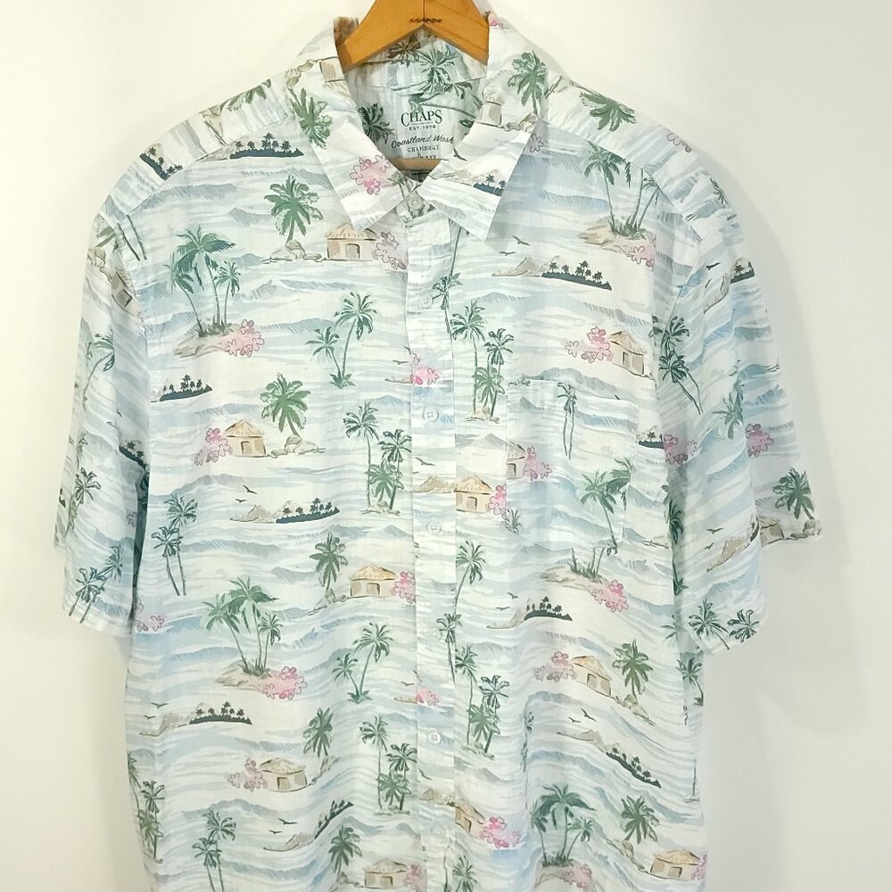 Chaps Hawaiian Shirt Mens 3XB Chambray Blue White Island Print Coastland Wash